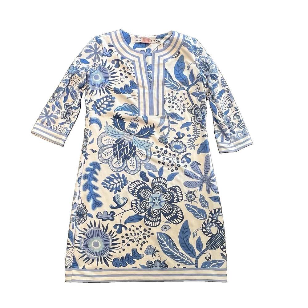 Gretchen Scott Blue White Shift Dress Knit Resort Preppy Size Medium Floral